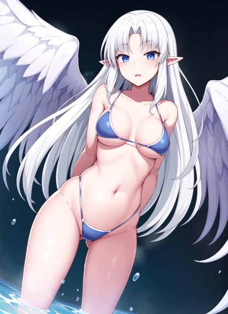 masterpiece, best quality, ultra-detailed, illustration, warm lighting, bright colors, 1girl, solo,  medium breast, blue eyes,  pointy ears, white hair, parted bangs, bangs, expressionless,

assertive female, angel, wings, feathered wings, angel wings, valkyrie, bare arms, bare legs, legs, hands behind back, clothes_lift, clothes life,

 swim suit, bikini armor, armored_leotard,

lewd, nsfw,

 <lora:valkyieV2:0.65>