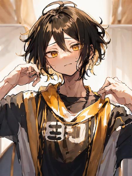 <lora:KenmaKozume:0.7> ,high res, masterpiece,Kenma Kozume, ((1boy,)) ((1man)) black_hair (blonde_hair) looking_to_the_side male_focus multicolored_hair short_hair solo sportswear sweat sweatdrop twitter_username tying_hair upper_body volleyball_uniform white_background yellow_eyes