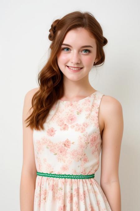 HD, perfect quality, 16k, very detailed,  a beautiful 21yo college girl with ginger hair in an updo, pale skin, wearing a calico floral dress, pink fleckes, green eyes, slim, detailed skin, hair behind ear, smiling proudly, standing in front of white background