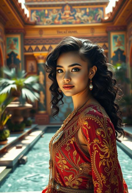 A majestic long shot frames the stunning young western woman, resplendent in ancient rococo finery, standing tall before the intricately detailed temple courtyard bathed in warm sunlight. Her sweet smile and piercing green eyes sparkle with rich makeup and kohl, as shiny black curls frame her porcelain skin beneath an ornate dress showcasing high-tech space suit enhancements. Plasma streams seem to emanate from her being, contrasting with vibrant temple walls depicting mythological scenes. Behind her, a serene marble pool reflects the beauty, surrounded by palm trees and lush foliage.