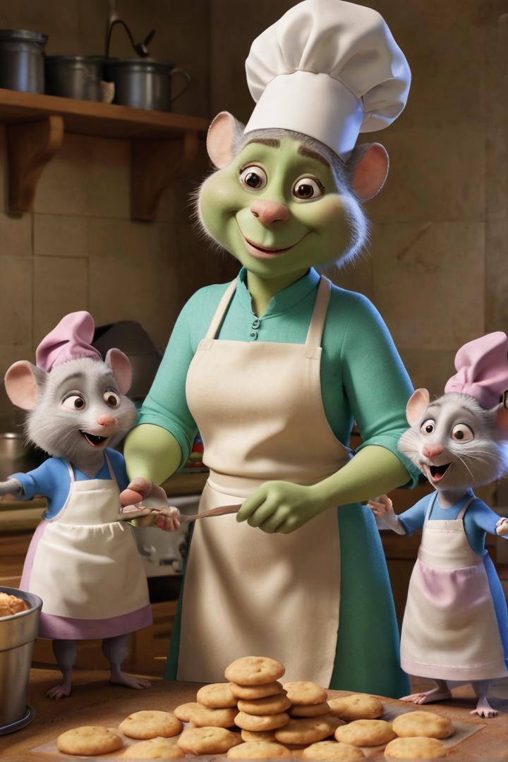 Fiona and the Three Blind Mice baking cookies. absurd caricature, animation, based on the movie [Shrek],