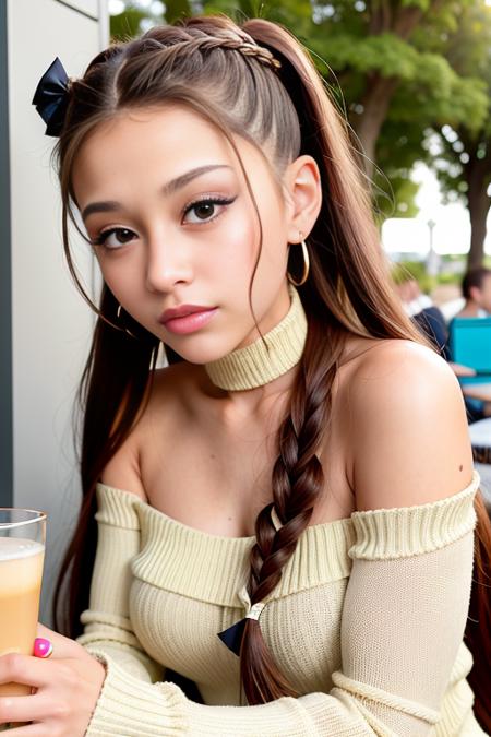 piercing eyes, looking straight, a 20 year old cuteariana-10000, very happy,long braided hair, wearing an off-shoulder sweater, choker, closeup portrait, in a outdoor cafe in 2015, afternoon light