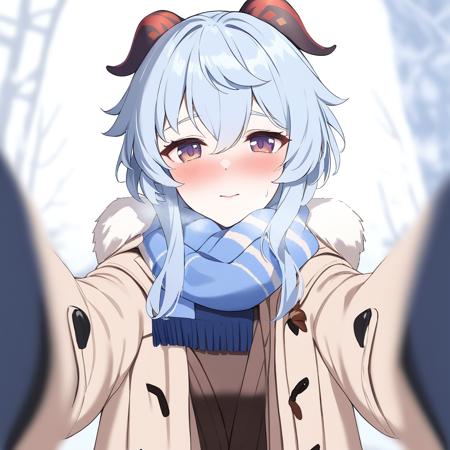 scarf,looking at viewer,blush,winter clothes,coat,blurry,pov,