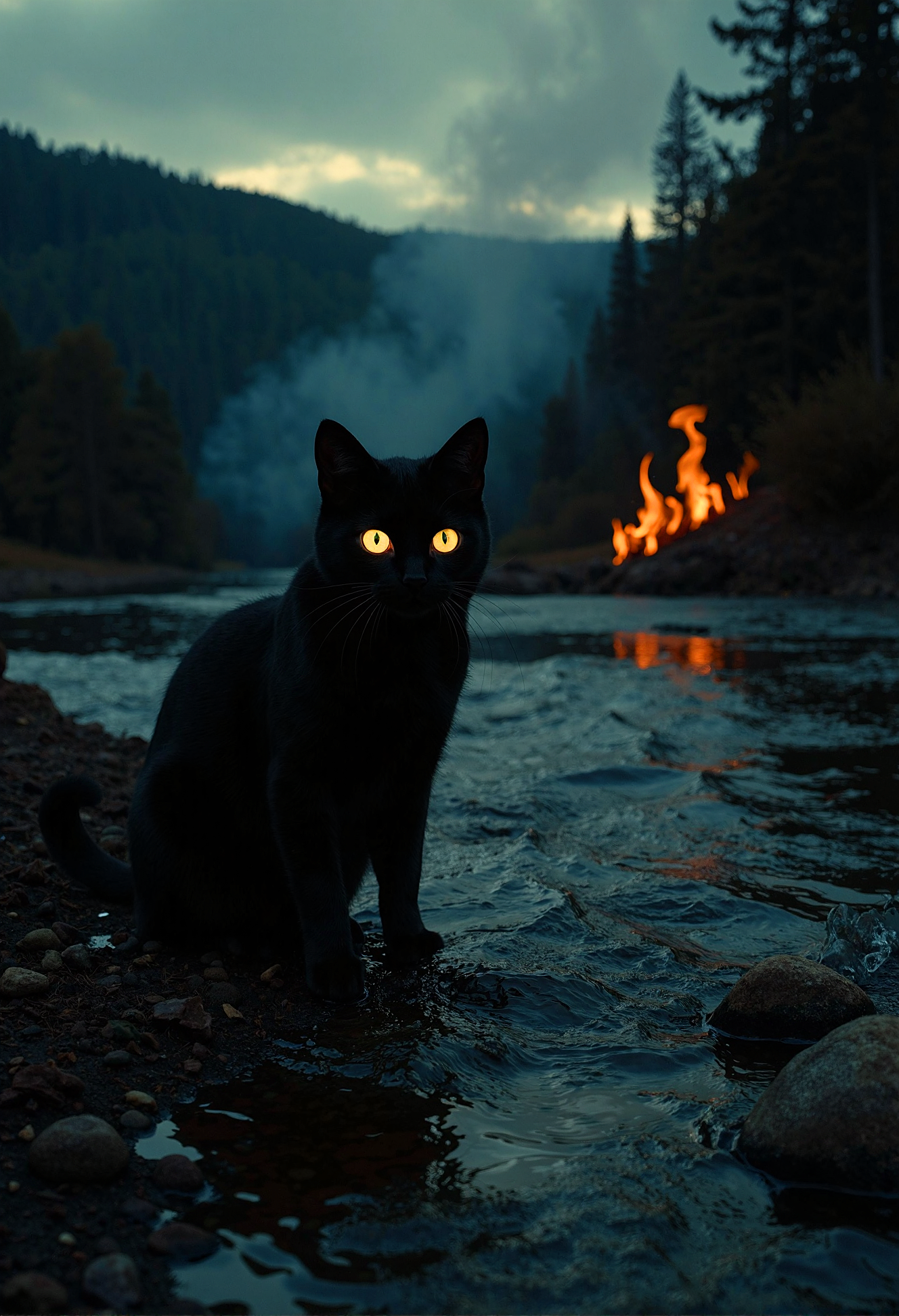 A wide shot of a black cat sitting on a wet rocky shoreline is wet and reflective, scattered with smooth stones of various sizes beside a flowing stream. The cat faces the camera directly, with bright, glowing yellow eyes clearly visible in the darkness. Behind the cat, orange flames rise from the opposite bank of the stream, with the fire's glow reflecting on the water's surface. The background features silhouetted evergreen trees and misty mountain ridges under an overcast sky. 