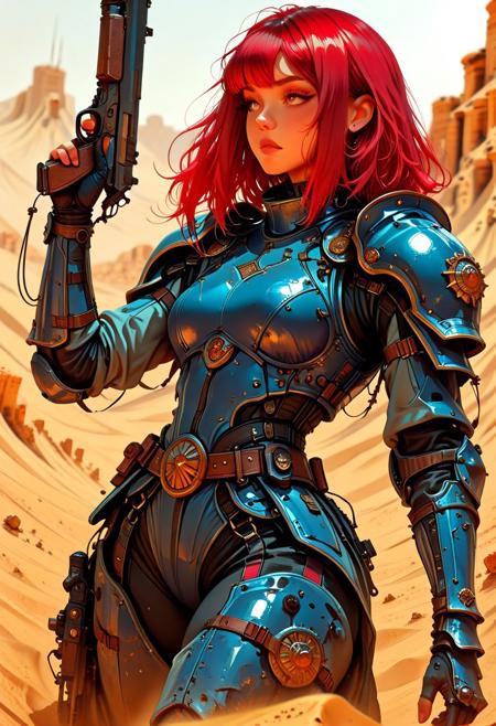 masterpiece, best quality, good quality, very aesthetic, absurdres, newest, 8K, depth of field, focused subject, 
in the style of ckgr, dynamic angle, from below, 
1girl, red hair, blue armor, desert, warrior, holding gun, motion lines