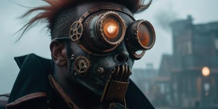 (steampunk :1.5) monster, movie still, DOF, realistic, 8k detailed skin and hair, haze, halation, detailed, focus, fog, realism