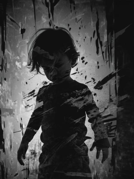 Child in the style of mysterious abstractions, double exposure, emotional gestural marks, grainy noir, aestheticized violence, uhd image, caravaggism