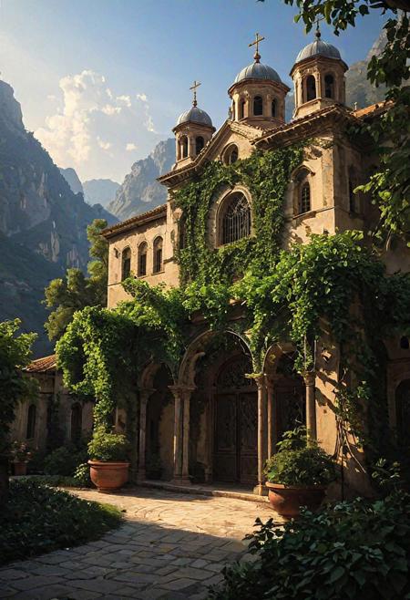 Epic landscape, exceptional quality, masterpiece, extremely detailed, professional art, professional painting, extremely delicate and beautiful, dynamic, superb lighting, perfect shading, professional shading, depth of field, soft sidelight, elegant, magnificent, highly detailed, long shot, uncropped, pure genius, absolutely perfect, breathtaking,
Steel Vine Monastery
