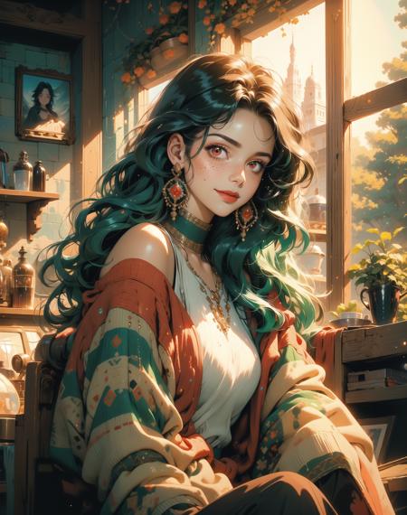 masterpiece, high quality, highres, absurdres, ((1girl)), green hair, ((red eyes)), freckless, long hair,pony,  green eyes, fantasy, dark ambiente, ((casual clothes)), sitting in a coffee shop,  (half body), smile dark clothes, glimmer, glitter, chistyle, style, chi, detailchi, sepia, art, ((mosaic)), jellyfishfores,  <lora:GoodHands-beta2 (1):1.5>,   <lora:chiistyle:0.7>,  <lora:Dreamwave v2.5_8200:0.5>,  <lora:80'sFusion:0.6>,  <lora:jellyfish-noise:0.5>