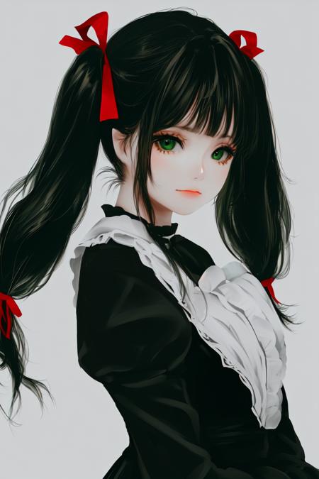 skistyle, solo, 1girl, twintails, simple background, long hair, dress, ribbon, red ribbon, bangs, black dress, looking at viewer, blunt bangs, white background, closed mouth, black hair, long sleeves, puffy sleeves, green hair, grey background, black eyes, juliet sleeves, green eyes