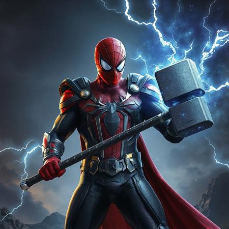 a muscle spiderman with an asgard god armor holding thor hammer with lightings and thunders