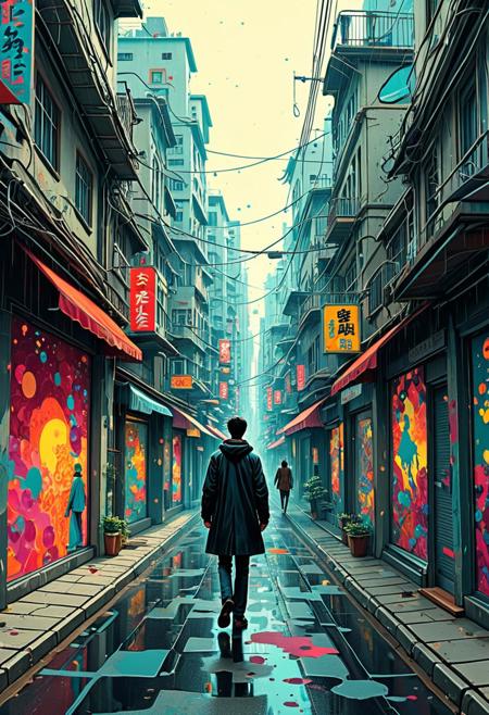 A surreal dream sequence where a figure walks through a distorted city, rendered in expressive brushstrokes with precise comic-style linework, manga style, delicate linework, expressive characters, contemporary fashion, emotional storytelling, romantic themes, dynamic compositions, vibrant tones, stylish aesthetics, youthful energy, intricate details, urban settings.