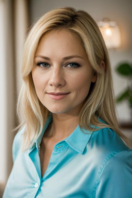 RAW photo of helfisch, face portrait, blonde, blue blouse, 8k uhd, dslr, soft lighting, high quality, film grain, Fujifilm XT3,  <lora:helfisch:1>