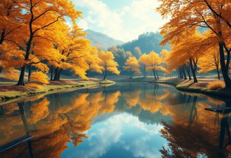 Stunning detail reflection of golden and orange katsura trees around a natural round lake, autumn, realistic, wide shot, art style of Studio Ghibli, magical, whimsical atmosphere, vibrant colors, beautifully lit, serene landscape