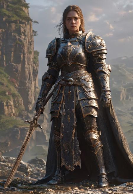 A stunning dynamic pose, feminine knight, underboob, exposed midriff, navel, medium breasts, 2handed sword highly detailed dark fantasy, she walks in mountain, big gems in each shoulder and chest, goddess, dark HKStyle armor, cracked armor, cracked, crystal, photorealist, A stunning highly detailed dark fantasy full body illustration of a proud warrior wearing intricate medieval HKStyle armor, cape, light glooming eyes, very wide shoulders, wearing big gauntlets, epic composition. The warrior stands heroic with a flowing cloak, The scene depicts her with brooding emotional agony, with insanely intricate details and textures, gloomy dramatic lighting, 8K resolution