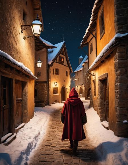 A back vew of a mage man walking in a cobbeled street of a medieval village covered of snow during the night. He wearing a hooded coat, nightly, colorful, 8k, masterpiece, highres, dslr, contrast, <lora:add-detail-xl:1>
