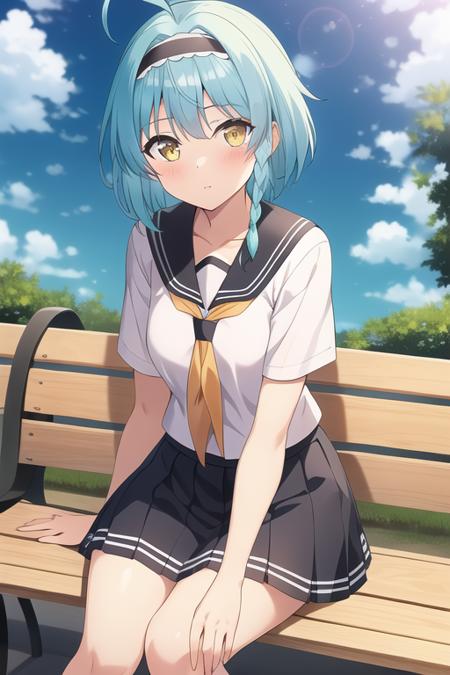 masterpiece, best quality,1girl,solo,nonaka yuki,aqua hair,short hair,ahoge,side braid, single braid,yellow eyes,hairband,school uniform,serafuku,black sailor collar,black pleated skirt,<lora:nonakayuki:0.6>,outdoors,school,bench,looking at viewer, sunlight, cloudy sky, flower, lens flare, butterfly, 