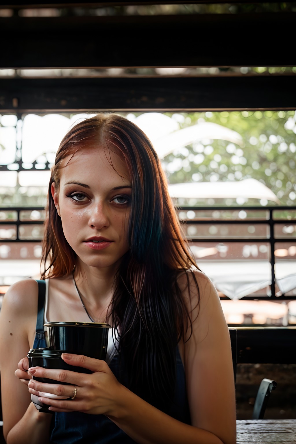 <lora:LizVicious:1>, full color portrait of a young woman, having coffee in an old cafe, redhead, rainy day, god rays, nat...