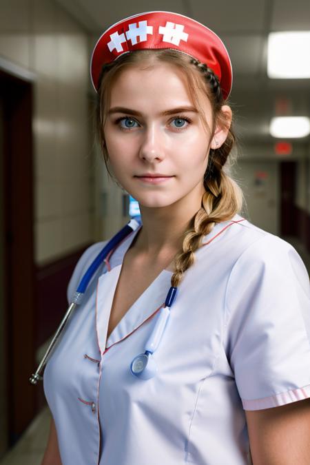 masterpiece, high quality, highres, photorealistic, raw, extremely detail, extremely detail face, head and shoulders shot, wo_dakpink01, solo, seductive face, dutch twin braid, (nurse outfit:1.2), big boobs, hospital hallway background<lora:woDakotaPink01:0.85>