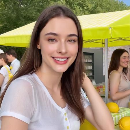 a photo of dasha taran, ohwx woman, best quality, fine details, smile, at a lemonade stand <lora:dashataranv2_SDXL-000022:0.8>