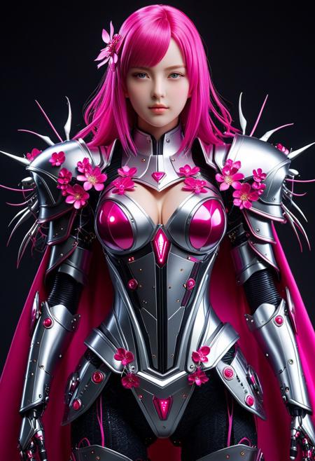 ultra realistic illustration, masterpiece, high detailed skin, best quality, high res, very aesthetic, anime style, studio anime, (finely detailed face),  2.5D, an android robot mech 1girl, Caucasian, Russian, 18+ years, monster girl white metal plates skin, fuchsia optic fiber hair,  armor made of petals, intricate metal petals decorating the vest and shoulders, cape, visible mechanism and wires, cybernetic arms with many tendrils coming out in every direction, tendrils similar to plant shoot and roots, carbon fiber tendrils, sexy legs, metallic breasts