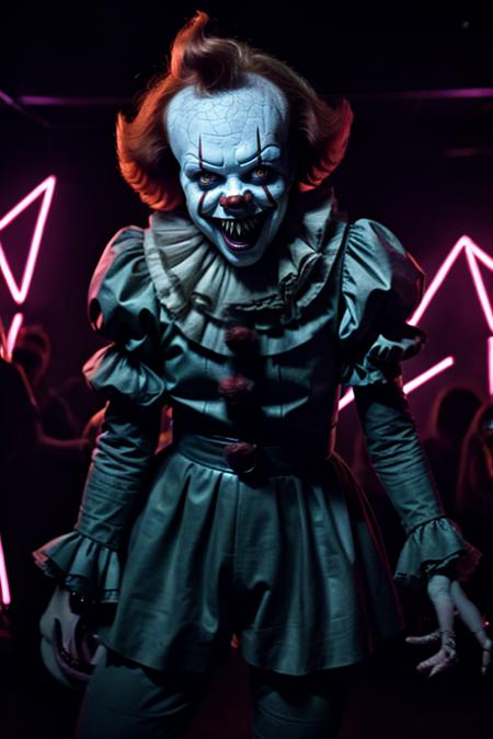 pennywise,sharp teeth, full body, in a dance Party, disco, neon light<lora:pennywise-000006:1>