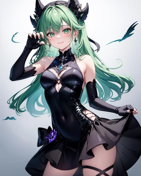 1girl, solo, gloves, green hair, long hair, breasts, smile, looking at viewer, jewelry, black gloves, earrings, bare shoulders, closed mouth, fishnets, bangs, wavy hair, headpiece, claw ring, mismatched gloves, elbow gloves, sleeveless, asymmetrical gloves, crown, cowboy shot, single earring, dress, single sleeve, small breasts, black dress, sleeveless dress, <lora:StylePaleSilver:0.7>