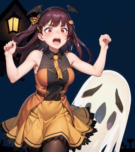 <lora:Wa2k:1>,
1girl,Wa2k,orange dress,halloween costume,hair ornament,pantyhose,night,neighborhood,head wings,one side up,sleeveless,hairband,hair ribbon,ghost,scared, screaming, terrified, fleeing