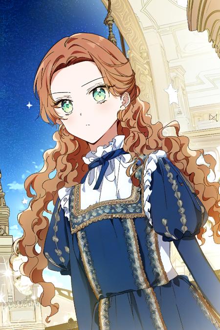 florentia lombardi, looking at viewer, serious, dutch angle, upper body, light particles, blue sky, night, frilled sleeves, 
i shall master this family style,
masterpiece, best quality, 
<lora:i_shall_master_this_family_lycoris-000004:1>