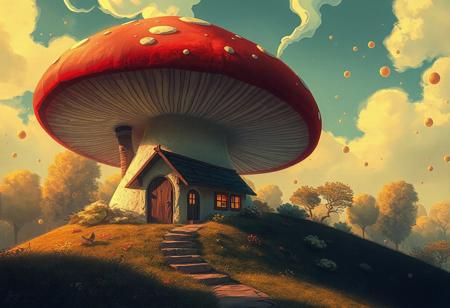 A lone cottage built into a colossal red-capped mushroom, smoke curling from its chimney as warm sunlight filters through drifting spores. Cozy and enchanting atmosphere, in the styles of Eyvind Earle, Pascal Campion, and Mary Blair.