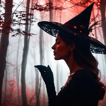 A striking silhouette of a woman, side profile, wearing an oversized witch's hat adorned with intricate details. Her face is illuminated by a soft glow, contrasting with the dark, haunting forest scene within her silhouette. The red-glowing trees, flying creatures, and shadowy figures create an eerie atmosphere. The woman's delicate hand is placed near her chin, as if she is contemplating the mysterious and enchanting world around her.