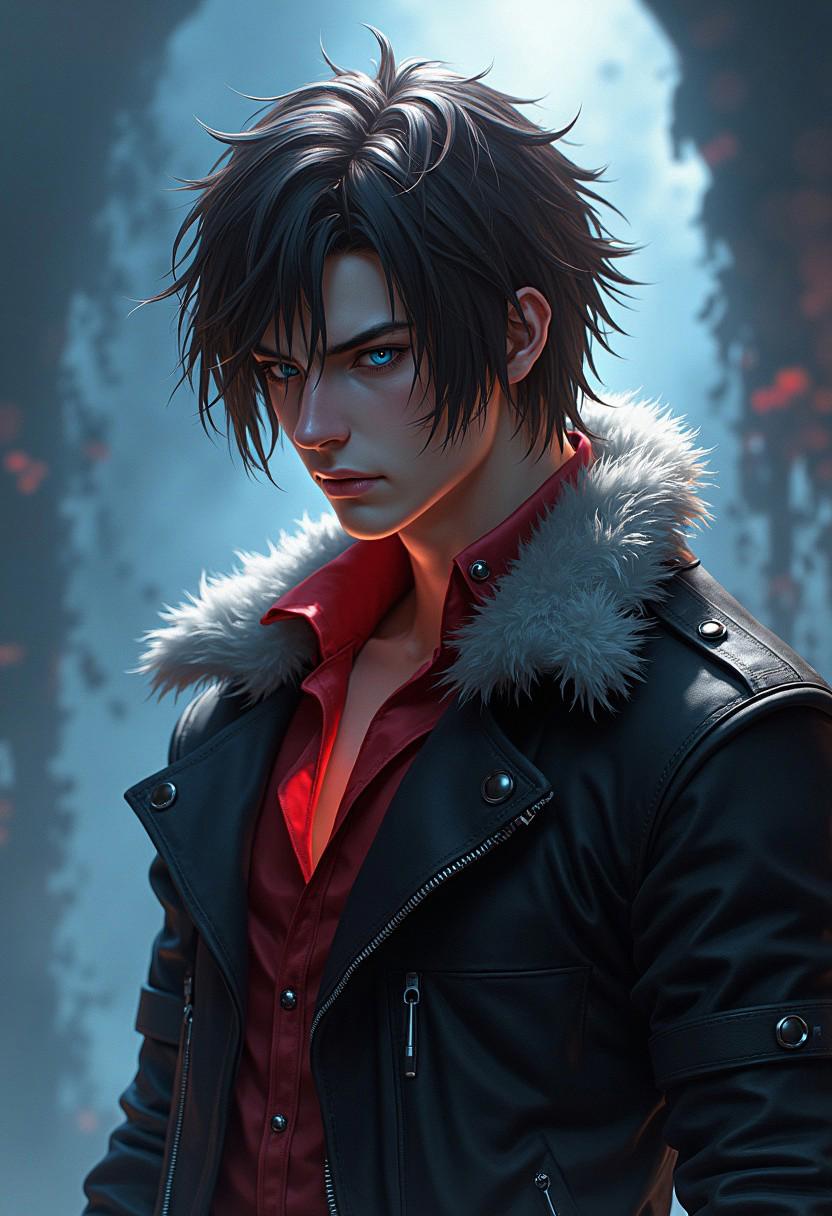 A captivating, semi-realistic digital illustration of Squall Leonhart, reimagined as a brooding vampire. He wears a black leather jacket with fur-trimmed edges, revealing a red silk shirt that clings to his frame, shimmering with subtle iridescence. His tousled brown hair falls over his intense blue-gray eyes, now glowing faintly with predatory hunger. Calm but deadly, his expression holds quiet menace, as if daring you closer. His parted lips reveal sharp fangs, hinting at danger beneath his stoic exterior.
The background is a surreal twilight dreamscape—cool blues, silver fog, and streaks of crimson light swirl together like living clouds. Ethereal shards of ice and mist float around him, as beams of pale light break through the gloom, casting shadows across his sharp features. Glowing highlights reflect off his jacket, emphasizing his aura of quiet power and danger.
The cinematic lighting evokes a painterly style inspired by Artgerm and WLOP, blending realism with ethereal fantasy. A soft bokeh effect enhances the mystical tone, with vibrant hues adding depth and atmosphere.
(((Digital illustration))), close-up portrait, semi-realistic style, surreal twilight background, glowing iridescence, cinematic lighting BREAK ((best quality:1.6)), ((high details:1.5)), ((4K:1.5)), ((soft glows:1.3)), ((colorful surrealism:1.3)), ((ethereal atmosphere:1.3)).