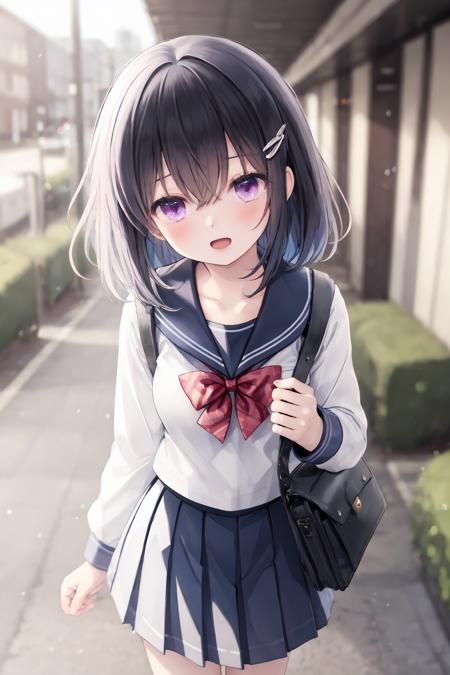 1girl, school uniform, skirt, purple eyes, solo, looking at viewer, hair ornament, serafuku, holding, blush, pleated skirt, bag, bangs, long sleeves, bow, shirt, black hair, hairclip, sailor collar, breasts, white shirt, open mouth, blurry, school bag, collarbone, black skirt, red bow, standing, medium hair, bowtie, hair between eyes, medium breasts, phone, outdoors, blue skirt, blurry background, blue sailor collar, yunmi style, sf5etf98, s6f8ey8vsdj, dr6g8cvwo, s5fr8gt, a35veo8vsdo, c6gw9oyh, c6s9eo5j