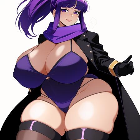 (masterpiece, best quality:1.3), BunkWizard, (1girl, solo:1.2), looking at viewer, seductive smile, wide hips, simple background, full body, cowboy shot, white background, huge breasts, mature female, thick thighs, purple hair, purple eyes, long hair, purple scarf, ponytail, gloves, scarf, thigh strap, dress, black gloves, long sleeves, coat, black coat <lora:BunkWizard Style Lora:.85>