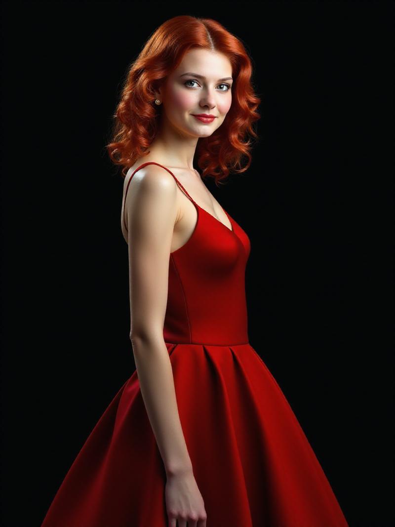 Create a highly realistic photo of a woman in a stunning, ideal dress. Her face should be intricately detailed, with a focus on capturing her features accurately. Her hair should be a vibrant, curly red color. The image should be rendered in a 1.5:1 aspect ratio, with a full-color black background that makes the subject stand out.

Embed the image with the following metadata: PA7_sdxl-Photo.

Please ensure the final image is of exceptional quality, with precise attention to detail and a lifelike appearance