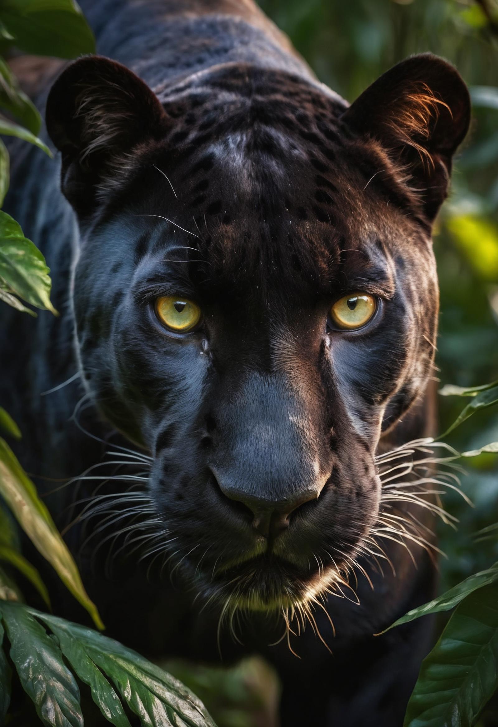 A close-up of a black tiger with yellow eyes, looking into the camera.
