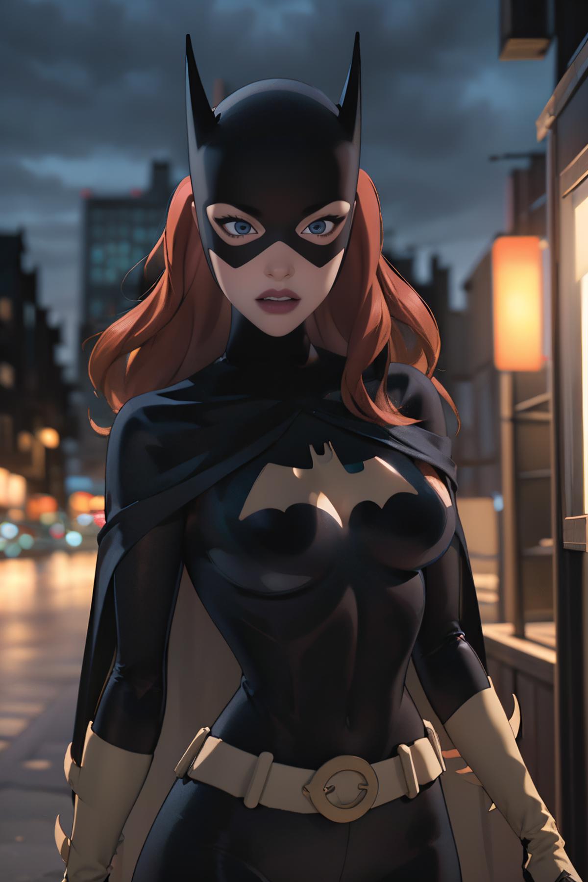 A cartoon depiction of a woman wearing a bat costume.