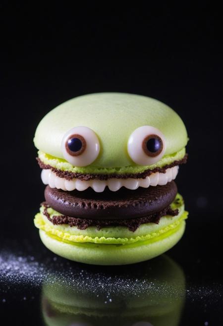 Macaron with googly eyes, excessive chocolate goo, sharp chocolate teeth, rage extraterrestrial inside it, in space. Close up, blurry background.
zavy-flrscnc, fluorescent, fluorescent dust, fluorescent spraypaint, glowing dust