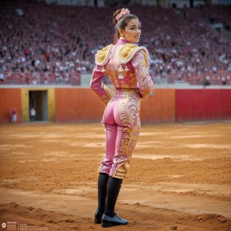 in a futuristic dystopian bullring,( full body), from front, front view, a toreadora:matadora wearing pink traje de luces with gold floral design, pink stockings,  hair in bun, tie, bullfighting, dynamic pose, action pose, perspective, foreshortening, depth of field, joy, adulation, tr4j3  <lora:tr4j3_v3:1> <lora:ClothingAdjuster3:-0.3>
