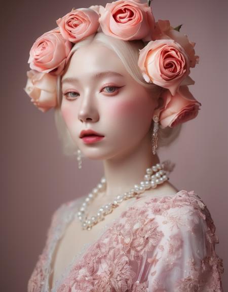 a commercial photo portrait of instagram model, the Ethereal Portraits, fashionable 2020's Japanese girl, detailed skin texture, 16yo girl, hyper real photo, , Albinism and Heterochromia by Bella Kotak, girly portrait in studio shoots, Albina Albina, Feminine portrait, bust-up shot, intricate fantasy dress,
taken by professional studio lighting, 150mm lens, PhaseOne, digital backs, medium format,
, 150mm portrait, photography, photo taken with a Hasselblad H4D, taken with PhaseOne IQ180, IQ160, IQ140, P65+, P45+, "digital back", extremely detailed, Leaf Aptus, perfect skin, detailed skin, hyper reality, perfect face,
(rose:1.6) hair, (rose:1.6) background, dress head completely covered with (rose:1.6) flowers, (rose:1.6) color filter,