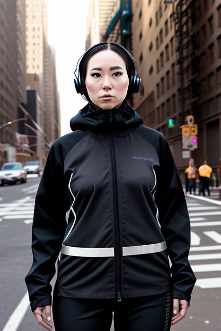 model shoot, a portrait of a woman, techwear costume, new york street