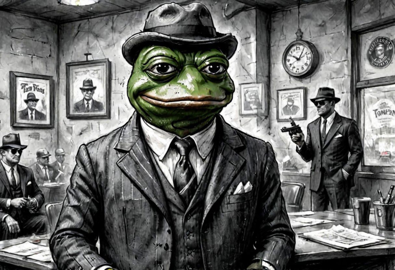 traditional media,charcoal drawing of pepe the frog as a mobster wearing a pinstripe suit and holding a tommy gun,greyscale