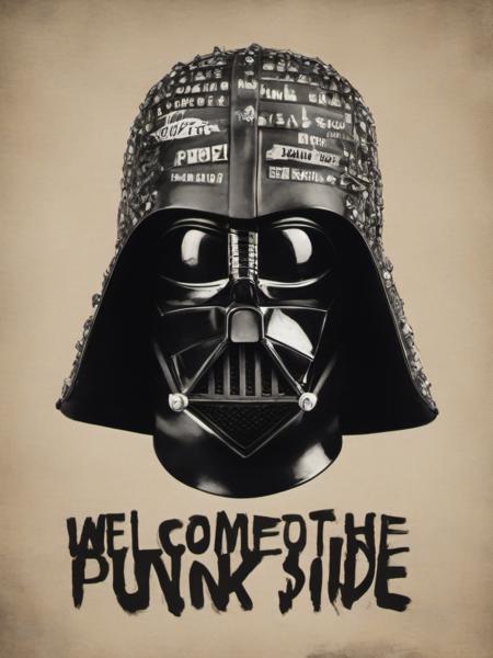 darth vader punk, studded helmet,  jamie reid style, newsprint, sharp focus, concept art, text says ("welcome,, (to the),, punk side"),  <lora:so77-XL-000008:0.5>