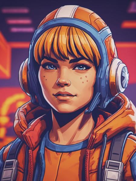 Retro arcade style portrait  of wattson (apex legends) woman <lora:Watts0n:0.6> dancing in a lab background, high contrast . 8-bit, pixelated, vibrant, classic video game, old school gaming, reminiscent of 80s and 90s arcade games