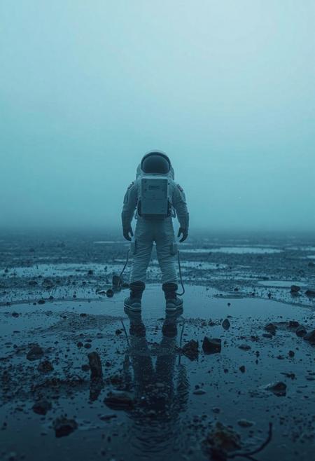 A lone astronaut stands still in a vast, fog-drenched landscape. The entire world is bathed in a soft, royal blue mist, glowing gently under a dreamy, diffused light. Every surface—wet ground, scattered stones, distant structures—is captured in crisp 4K detail, giving the moment an almost hyperreal clarity.
Around him, tiny glowing particles float slowly through the air, like frozen stars drifting close to Earth. The fog is thick but elegant, wrapping the scene in silence and mystery. Reflections shimmer faintly beneath the astronaut’s boots.
He doesn’t move. There’s no urgency—just that heavy, beautiful stillness.
The mood is melancholic, but not dark. It’s the kind of sadness that feels calm, even comforting, like the quiet after a storm.
This isn't just a scene. It's a frozen emotion—loneliness, awe, and peace, suspended in space and time.