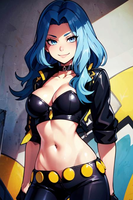 karen (pokemon), blue eyes, blue hair, long hair,  karen (pokemon), blue eyes, blue hair, long hair,  yellow crop top, white pants, high heels, 