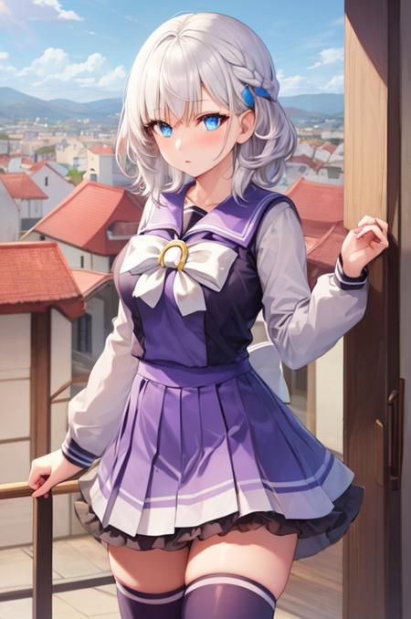 masterpiece,1girl,solo,white hair,blue eyes,winter uniform,(thighhighs:1.2),standing, medieval towns, <lora:tracen_school_uniform_winter:1>,