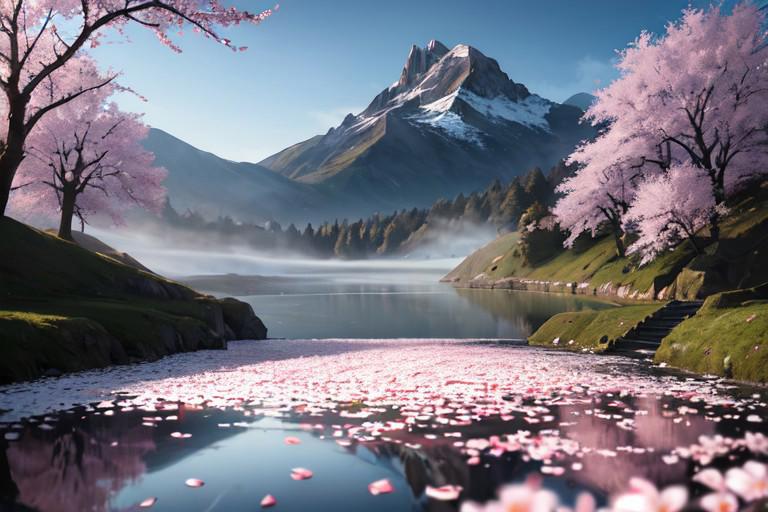 (masterpiece, best quality:1.2), ultra detailed, cinematic lighting, HDR, ilustration,  landsape, mountain top, misty fog,  midday,  cherry blossom, impressive, chill, inspirational, lens flare, falling petals, pond, water reflection, gimmering, stairs, no people, petals on water, amazing view of landscape below