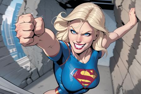 adult supergirl, blonde hair, detailed pale blue eyes, bursting through a concrete wall, climbing looking through hole in wall, towards camera, angry, [confident|evil] grin, punching fist, smeared makeup, detailed sexy body, foreshortening perspective, dynamic action shot, speed lines, (blurred fast hands fists:1), short sleeves, comic book style, flat colors