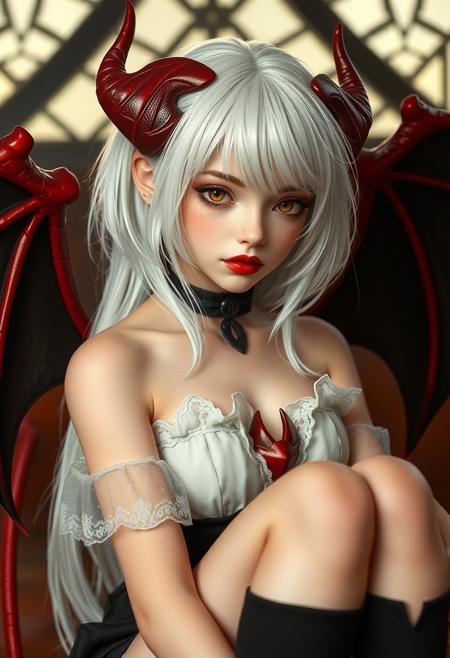 Dungeons and Dragons genre, high adventure sword and sorcery setting, costumes are minimalistic yet striking. 
cutest girl in the world, masterpiece, best quality, amazing quality, masterpiece, facing the viewer
( 8k:1.1), (perfect body:1.3) super cute girl, cute face, cutest girl in the world, 19yo, (very fit:1.0) (very tone:0.9) (very narrow waist:1.0) 
(slim hips:1.0) (small butt:1.0) (lean:1.0) (thigh gap:1.0) skinny, thin, makeup, full body, lewd 1girl, solo, Priss is  a demon, a suscubus. pale skin, white hair, red lips, red eyes, petite, medium size breast, small ass, thin thighs, skindentation, cute face, lips, soft body, erotic, nipple outline, red horns(small horns) on her forehead, red and thin devil tail, hard nipples bumps, knees up, looking at viewer, seductive look, bedroom eyes, orange eyes, wearing a form fitting red minidress (side slits)(cleavage), high heels, facing the camera,  very thin tail, thin tail, red tail, thin legs, skinny, posing in the throne room,(no wings)
(High Resolution), (More Details), (8K), (High Resolution), semi realistic, fantasy anime style, anime artwork, official art, highly detailed, vibrant colors, magical atmosphere, digital painting, ethereal glow, soft shadows, cinematic lighting
